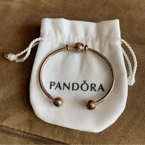 Pandora Bangle Bracelet W/ Pandora Pink Ball Charm 925
